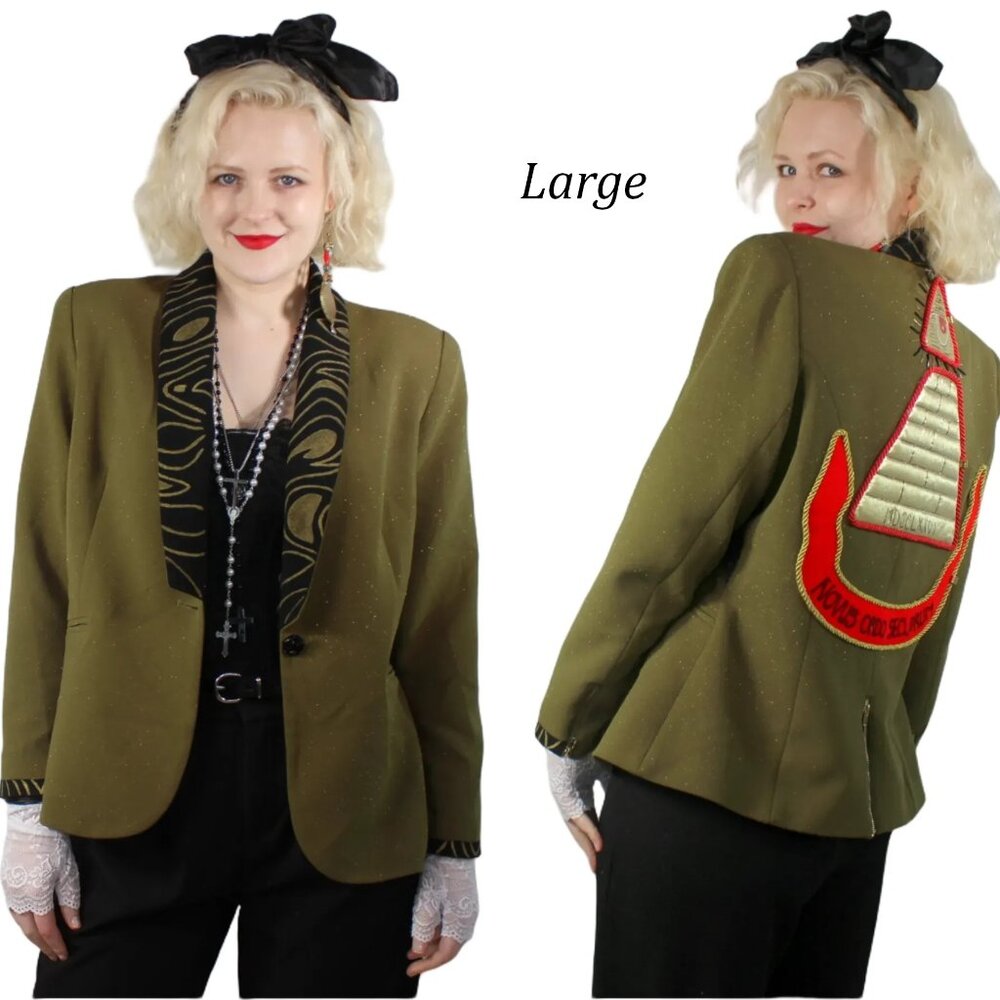 Desperately Seeking 80s Pyramid Style Size Large Olive Green Glitter Jacket